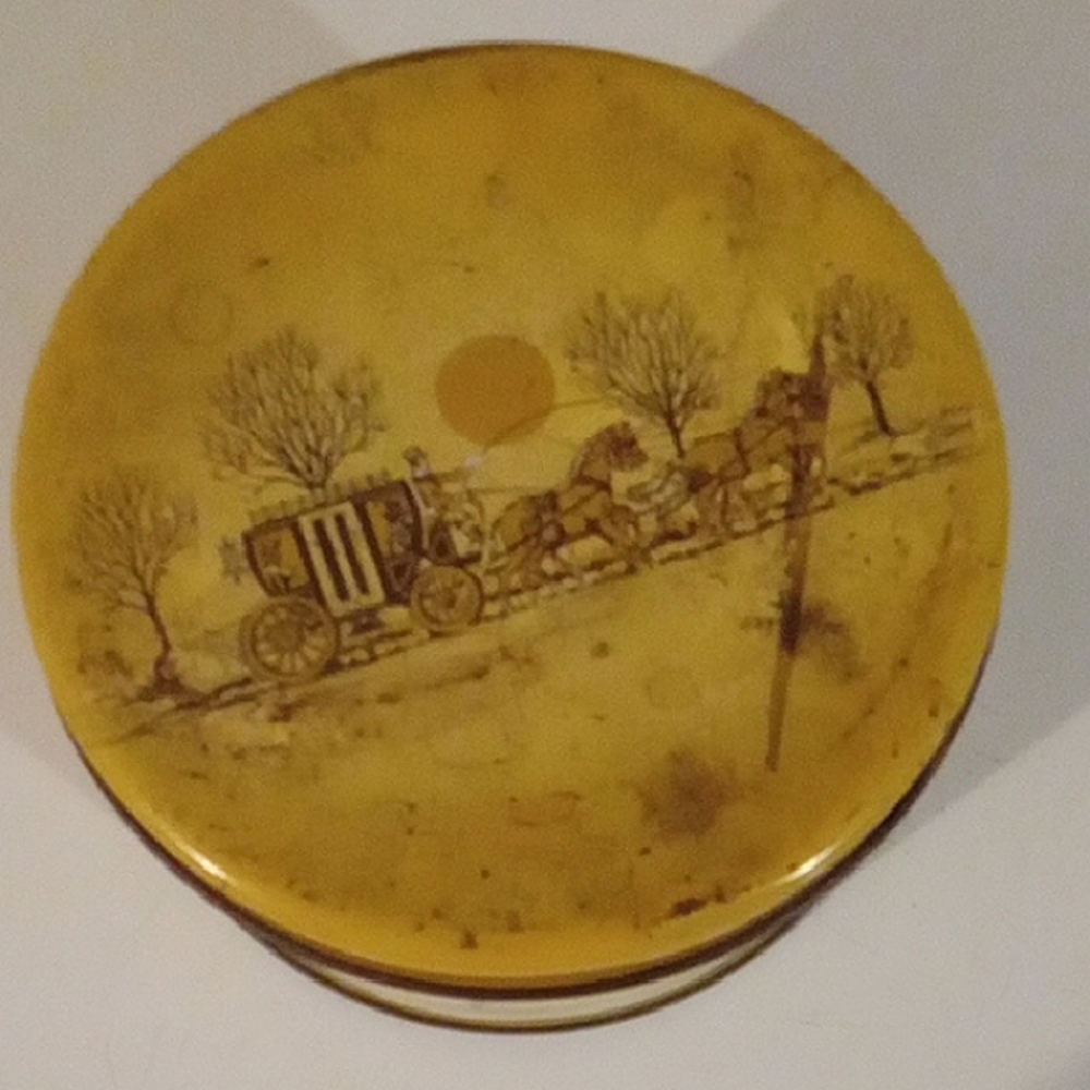 Vintage Yellow Tin with Horse and Carriage Design